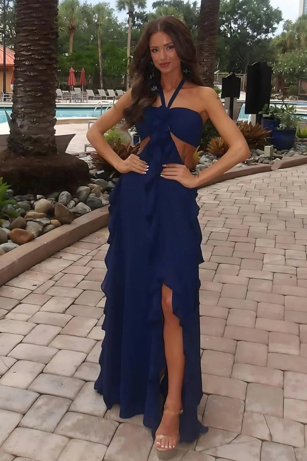 Sweety A Line Halter Neck Pink Long Prom Dress With Keyhole Ruffles AD577