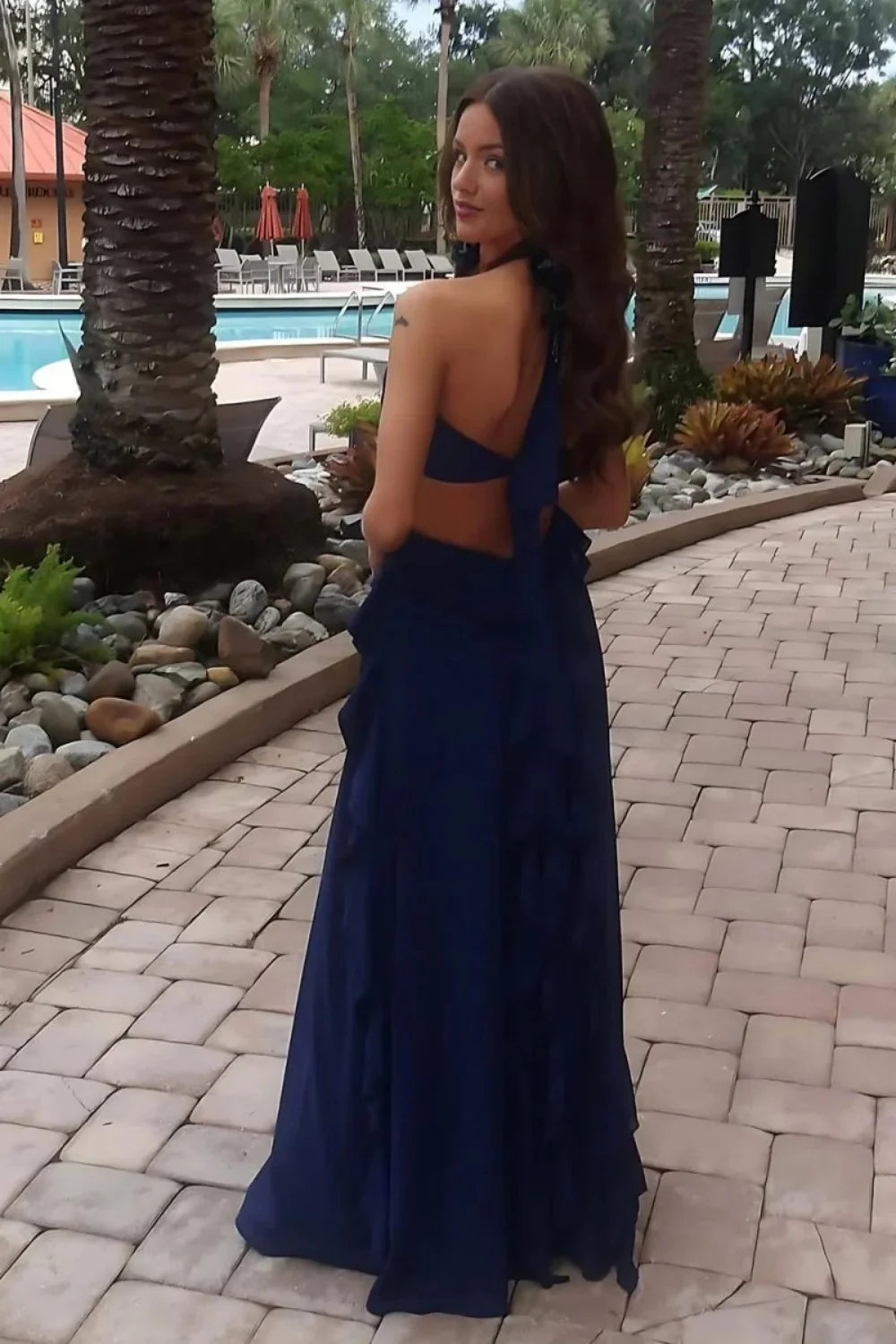 Sweety A Line Halter Neck Pink Long Prom Dress With Keyhole Ruffles AD577
