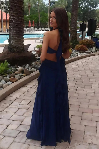 Sweety A Line Halter Neck Pink Long Prom Dress With Keyhole Ruffles AD577