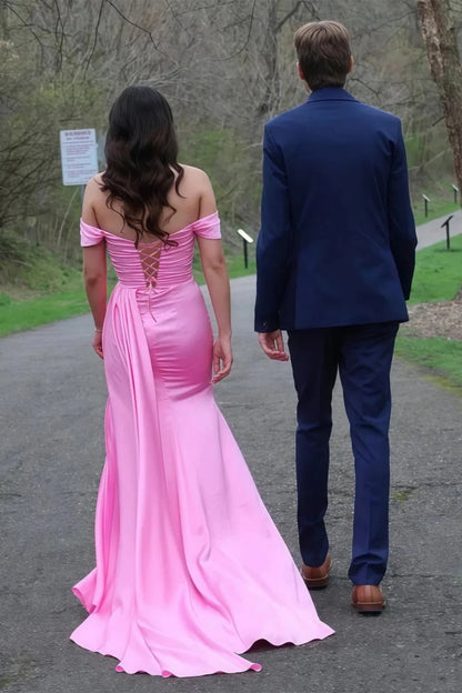 Stylish Mermaid Off The Shoulder Pink Long Prom Dress With Split Front Beading AD578