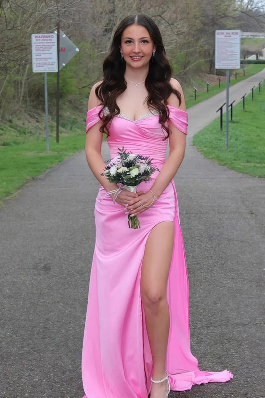 Stylish Mermaid Off The Shoulder Pink Long Prom Dress With Split Front Beading AD578