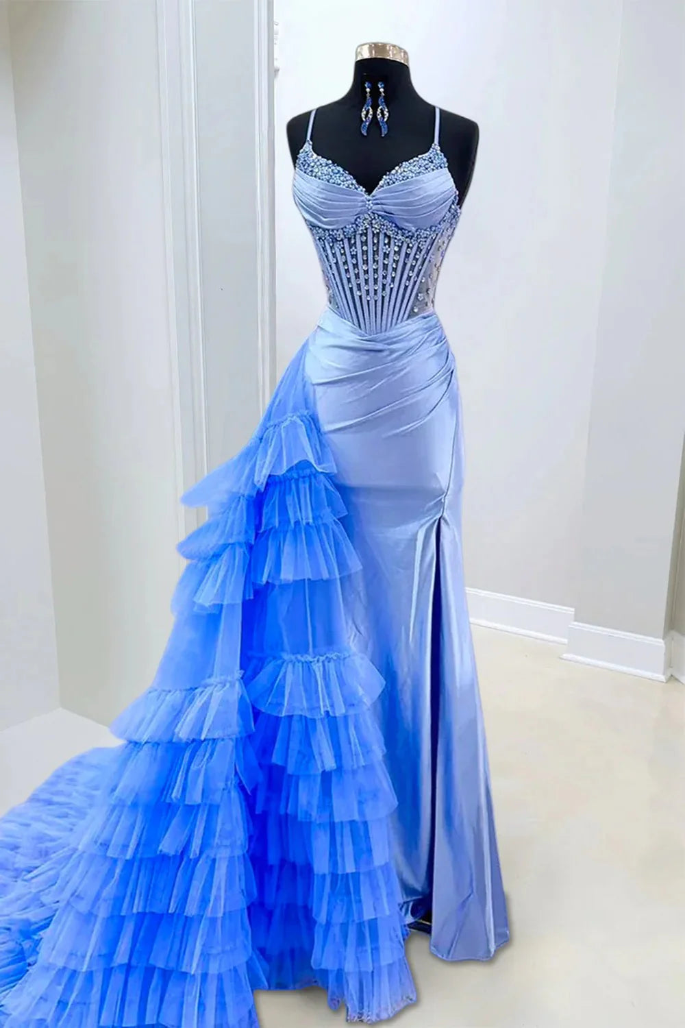 Pretty Mermaid Spaghetti Straps Blue Corset Prom Dress With Beading Slit AD580