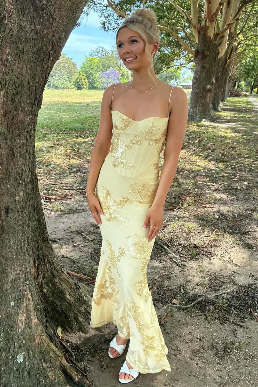 Gorgeous Mermaid Spaghetti Straps Yellow Long Prom Dress With Embroidery AD581