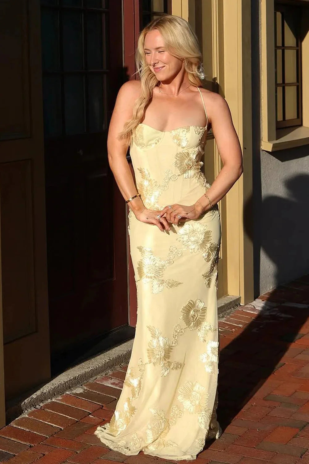 Gorgeous Mermaid Spaghetti Straps Yellow Long Prom Dress With Embroidery AD581