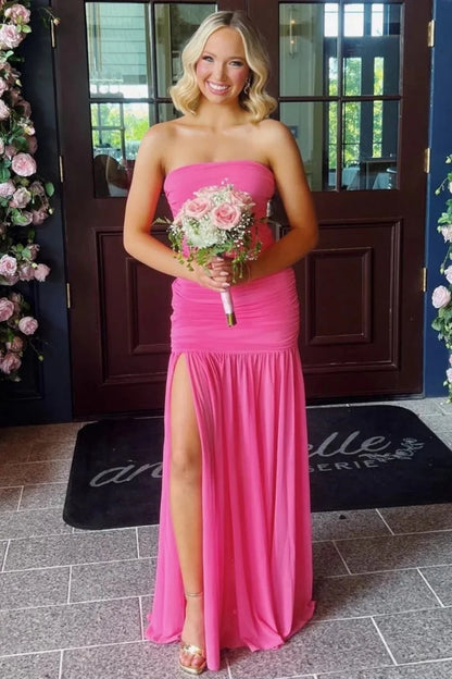 Trendy Mermaid Strapless Hot Pink Long Prom Dress With Split Front Ruffles AD582