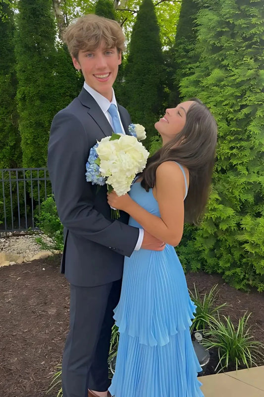 Beautiful A Line Straps Blue Long Prom Dress With Tiered Pleated Chiffon Skirt AD583