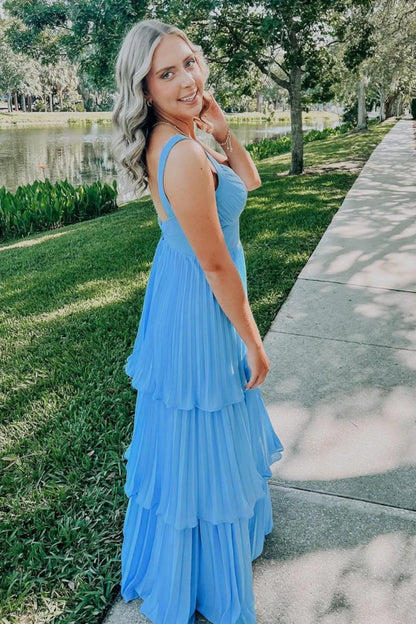 Beautiful A Line Straps Blue Long Prom Dress With Tiered Pleated Chiffon Skirt AD583