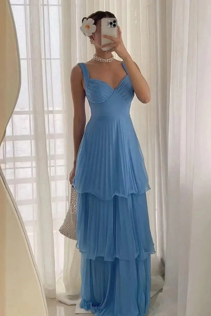 Beautiful A Line Straps Blue Long Prom Dress With Tiered Pleated Chiffon Skirt AD583