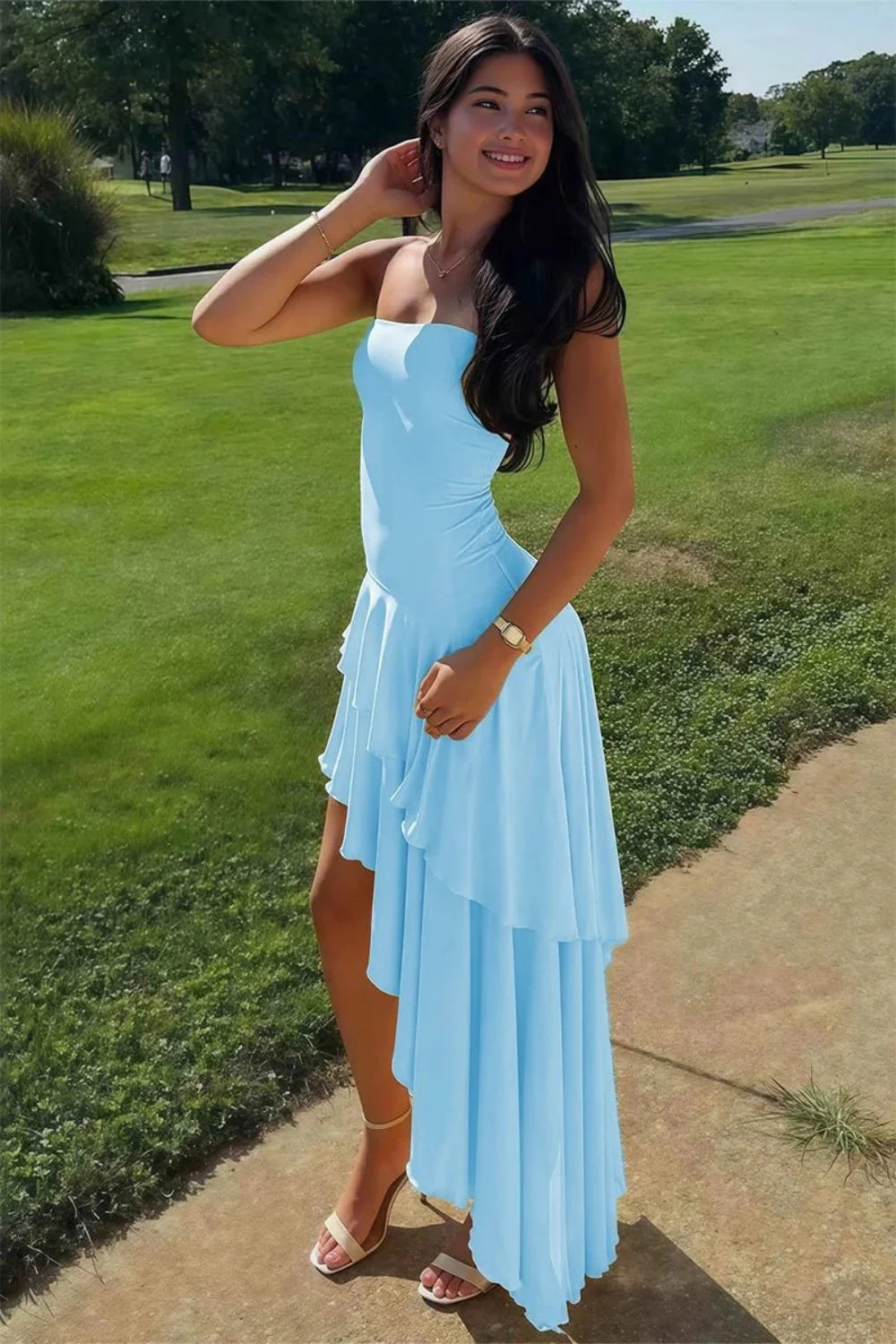 Charming Asymmetrical Strapless Blue Long Prom Dress With Ruffles AD584