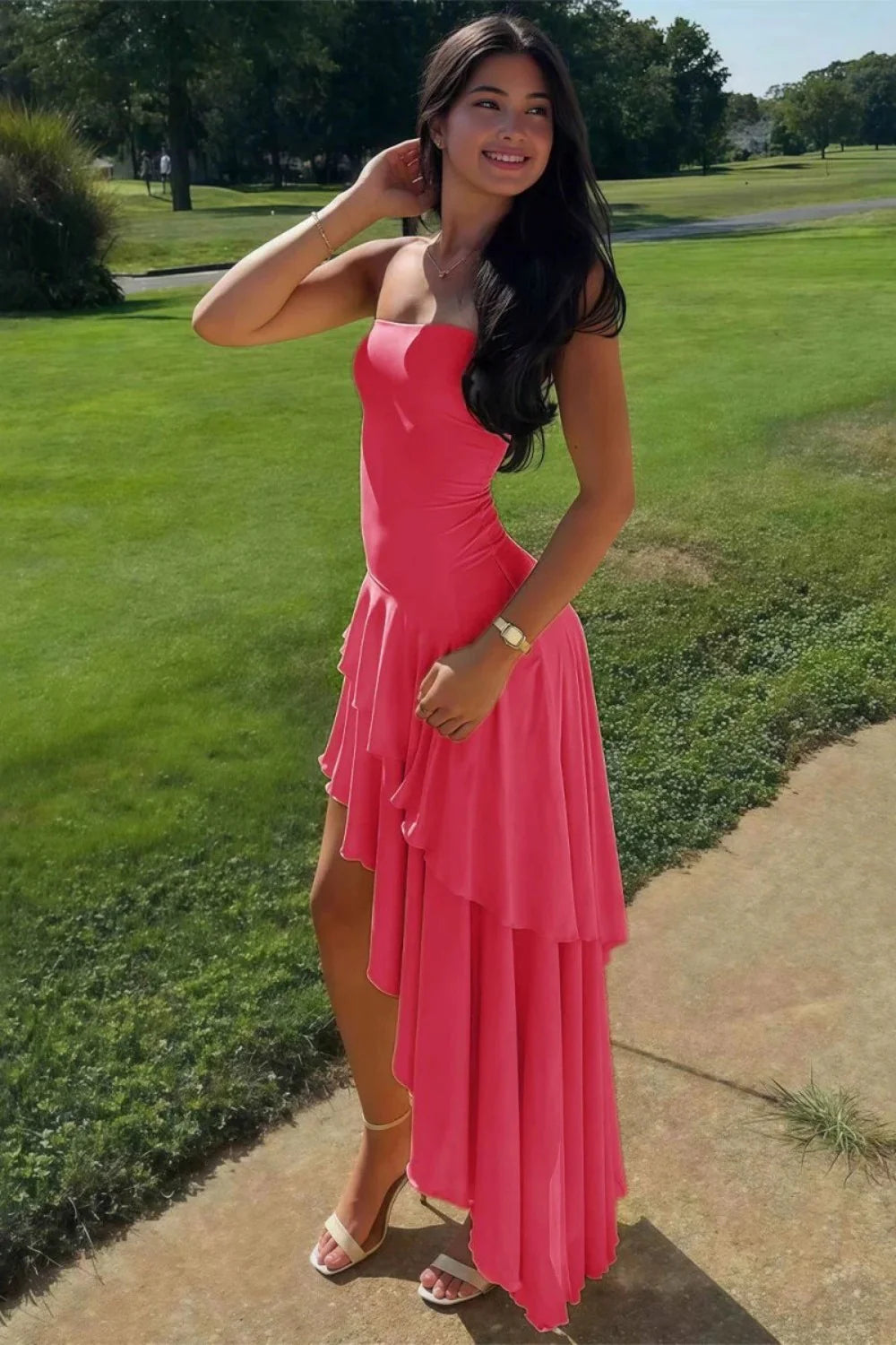 Charming Asymmetrical Strapless Blue Long Prom Dress With Ruffles AD584