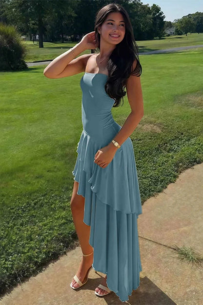 Charming Asymmetrical Strapless Blue Long Prom Dress With Ruffles AD584