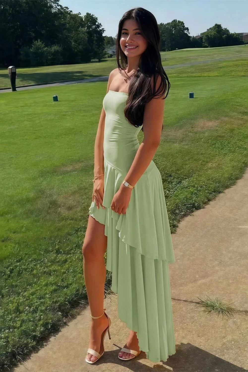Charming Asymmetrical Strapless Blue Long Prom Dress With Ruffles AD584