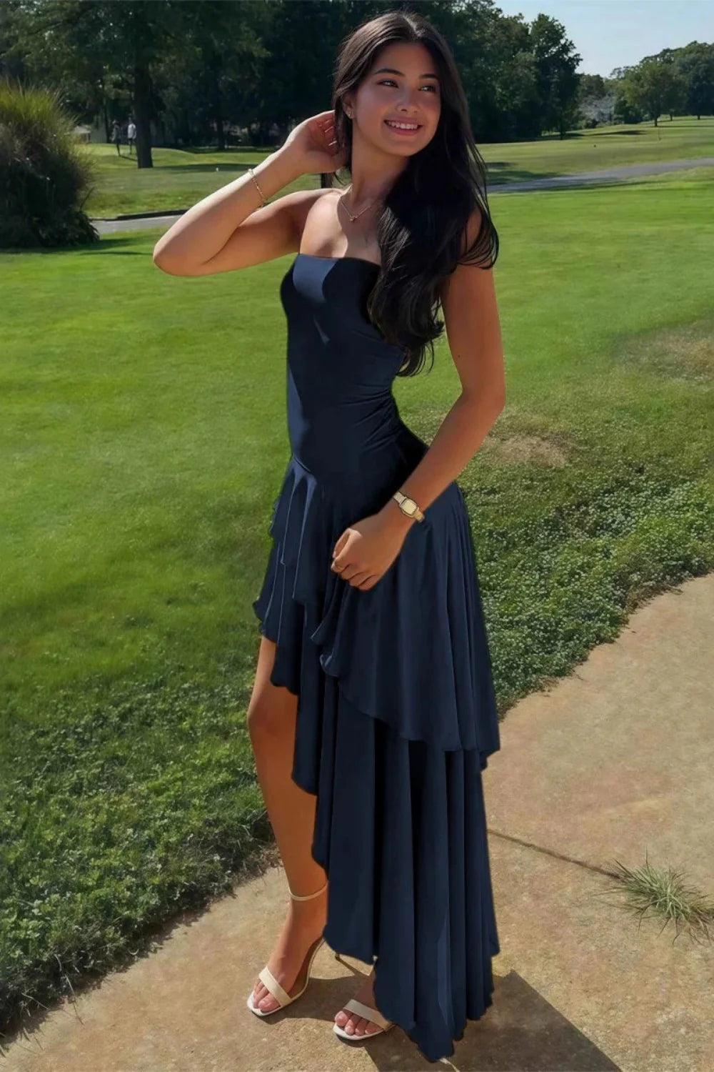 Charming Asymmetrical Strapless Blue Long Prom Dress With Ruffles AD584