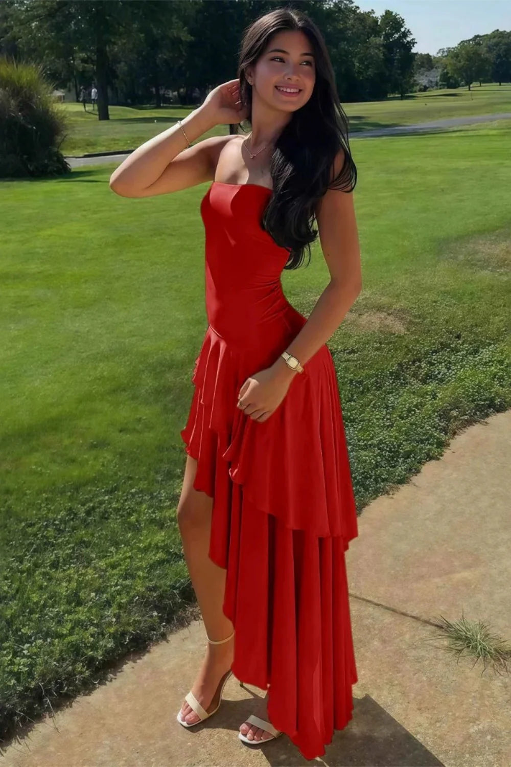 Charming Asymmetrical Strapless Blue Long Prom Dress With Ruffles AD584