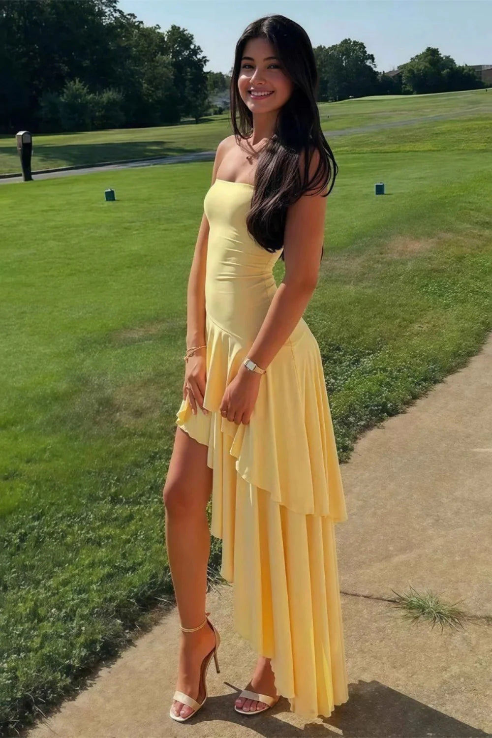 Charming Asymmetrical Strapless Blue Long Prom Dress With Ruffles AD584