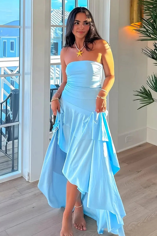 Charming Asymmetrical Strapless Blue Long Prom Dress With Ruffles AD584