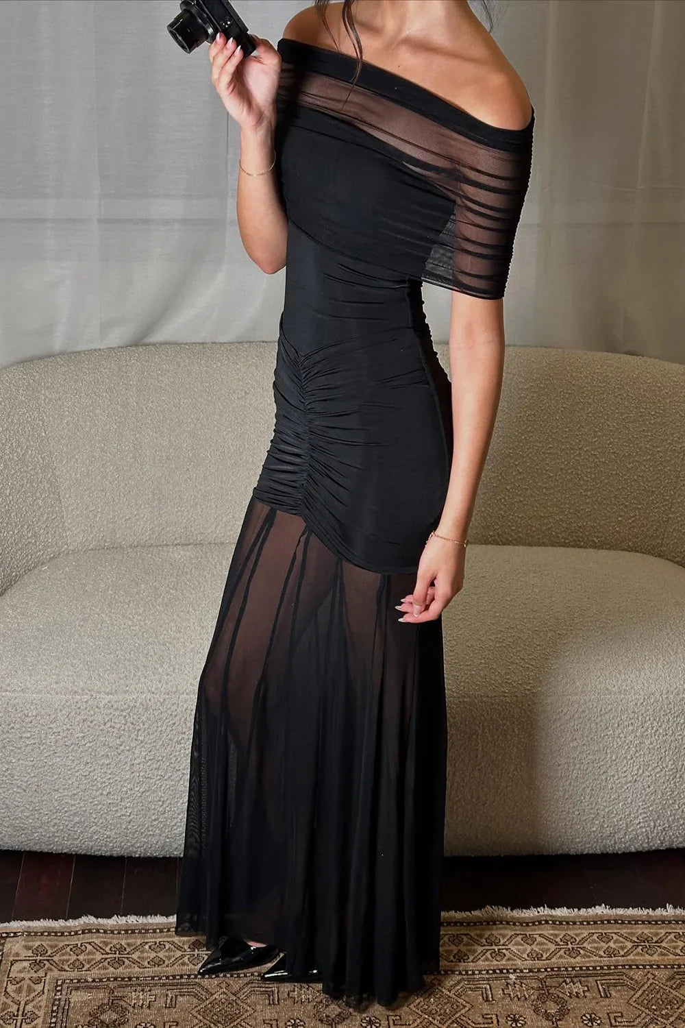 Fashionable Mermaid Off The Shoulder Black Long Party Dress With Ruffles AD585
