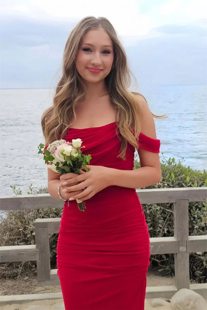 Sweety Sheath Off The Shoulder Red Tea Length Prom Dress With Criss Cross Back AD586