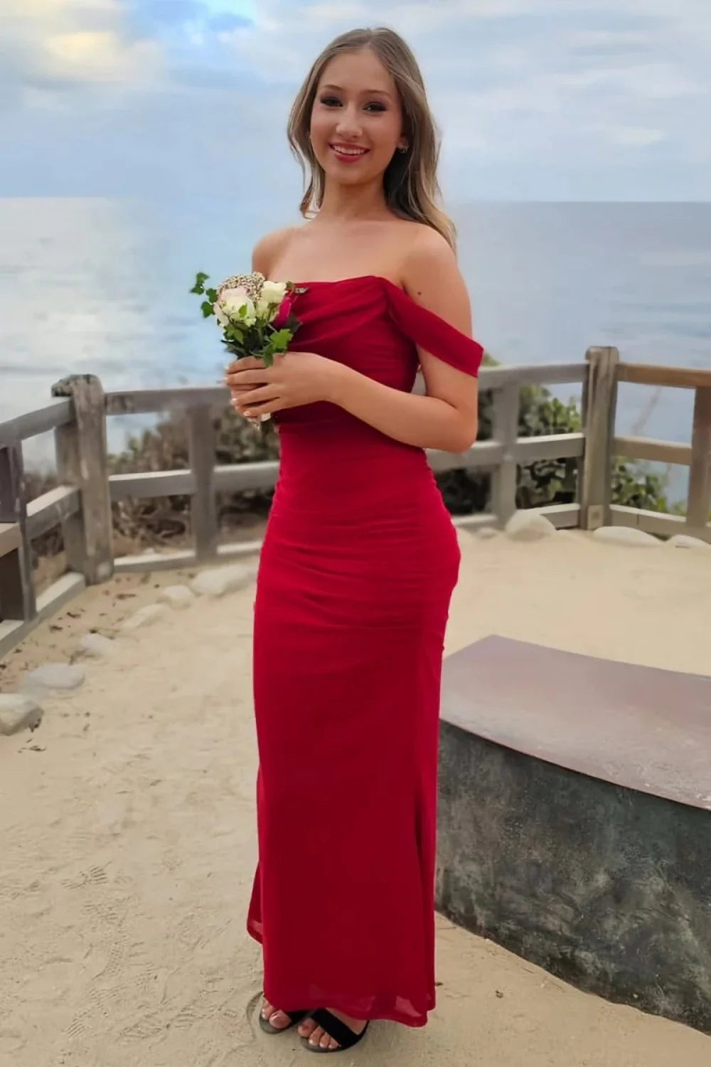 Sweety Sheath Off The Shoulder Red Tea Length Prom Dress With Criss Cross Back AD586