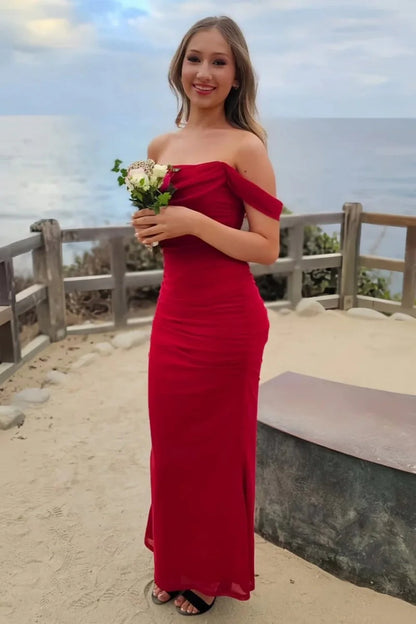 Sweety Sheath Off The Shoulder Red Tea Length Prom Dress With Criss Cross Back AD586