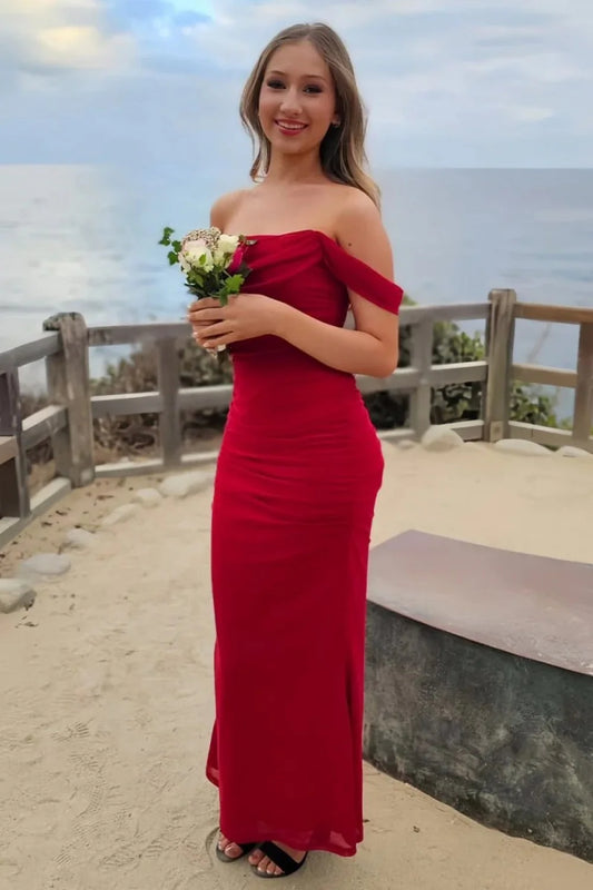 Sweety Sheath Off The Shoulder Red Tea Length Prom Dress With Criss Cross Back AD586