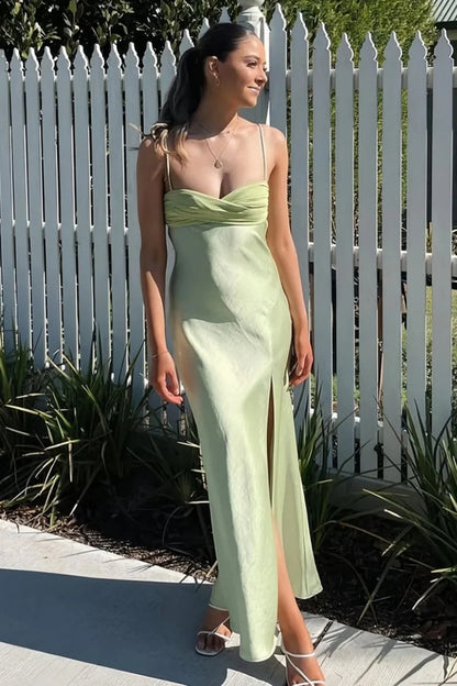 Simple Sheath Spaghetti Straps Mint Green Long Prom Dress With Split Front AD587