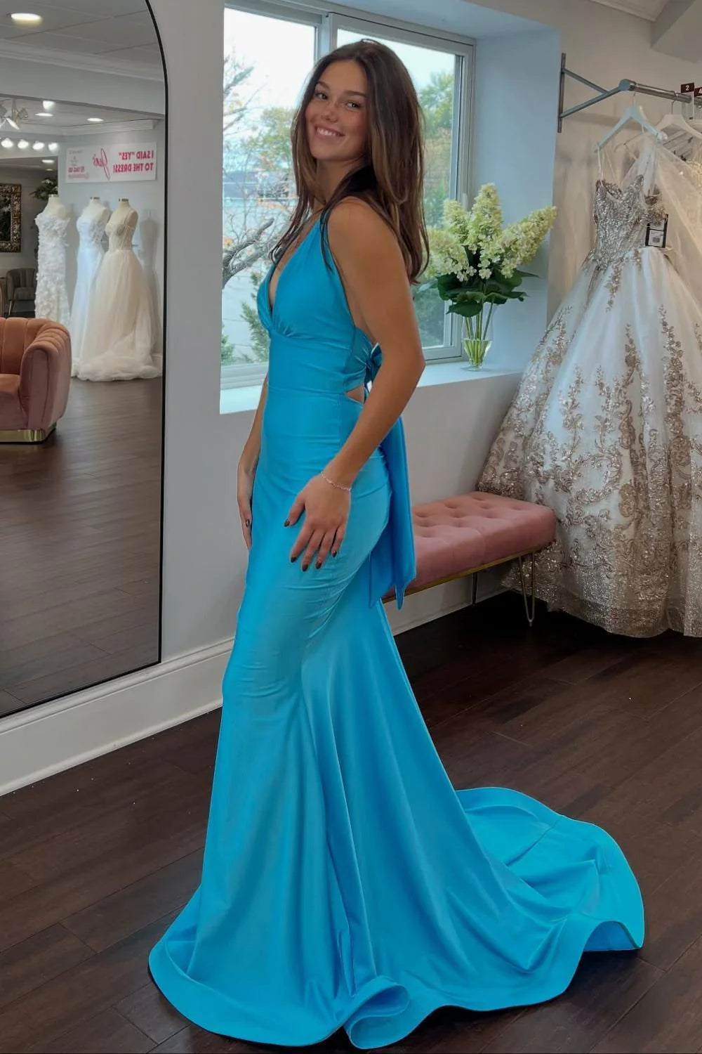 Sweety Mermaid Halter Neck Blue Long Prom Dress With Bowknot Sweep Train AD589