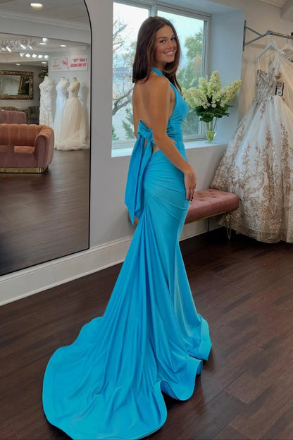 Sweety Mermaid Halter Neck Blue Long Prom Dress With Bowknot Sweep Train AD589