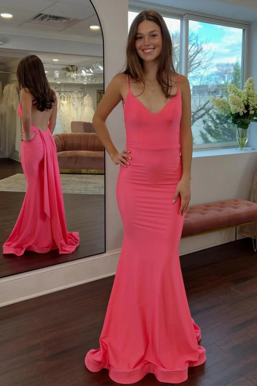 Simple Mermaid Spaghetti Straps Candy Pink Long Prom Dress With Train AD590