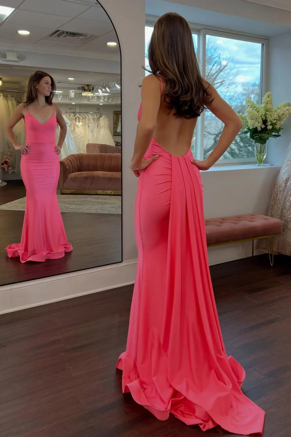 Simple Mermaid Spaghetti Straps Candy Pink Long Prom Dress With Train AD590