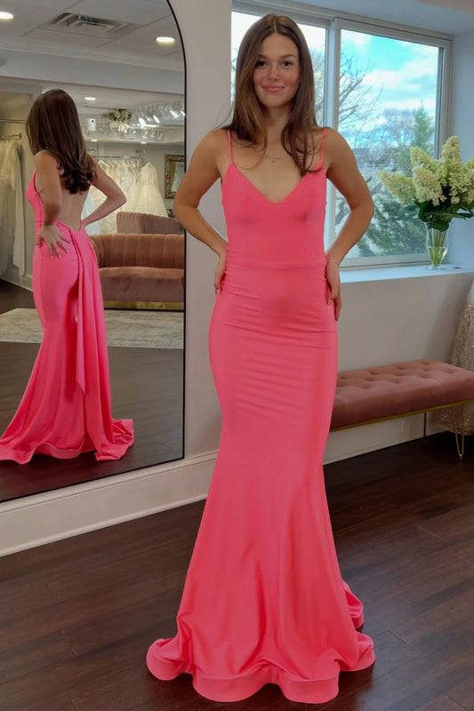 Simple Mermaid Spaghetti Straps Candy Pink Long Prom Dress With Train AD590