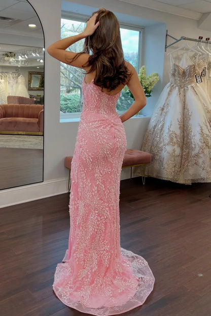 Gorgeous Mermaid Sweetheart Pink Long Prom Dress With Split Front Appliques AD591