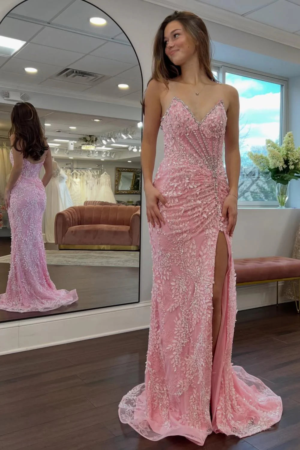 Gorgeous Mermaid Sweetheart Pink Long Prom Dress With Split Front Appliques AD591