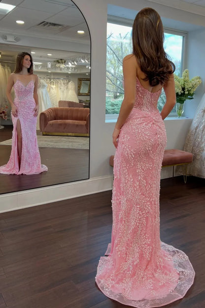 Gorgeous Mermaid Sweetheart Pink Long Prom Dress With Split Front Appliques AD591