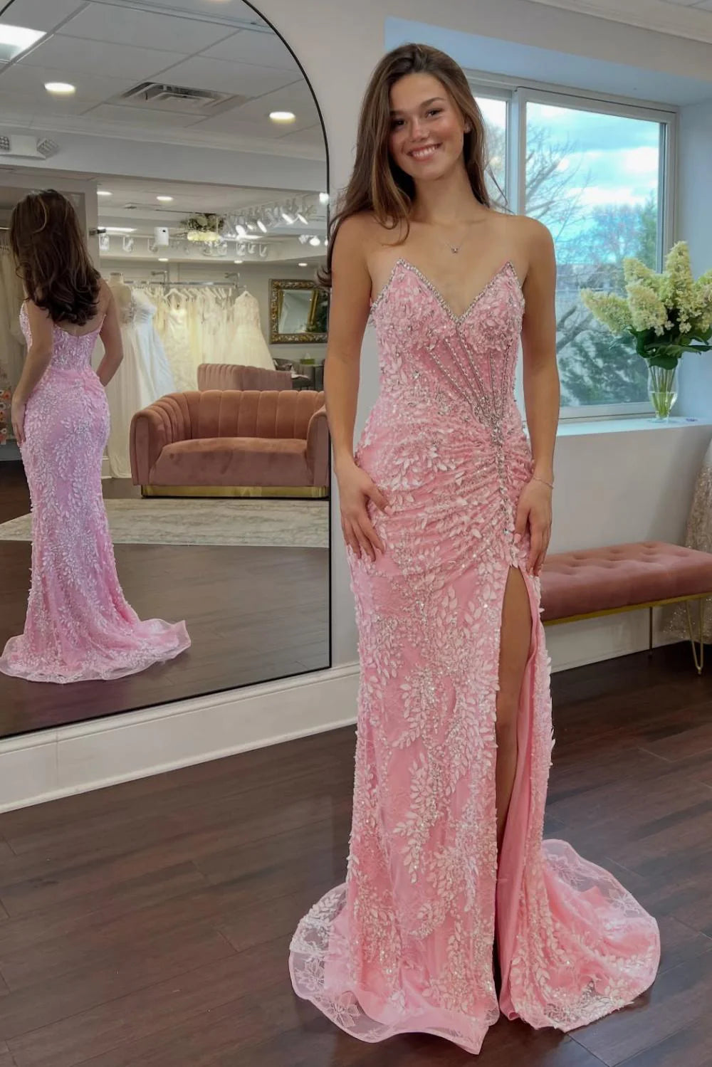 Gorgeous Mermaid Sweetheart Pink Long Prom Dress With Split Front Appliques AD591
