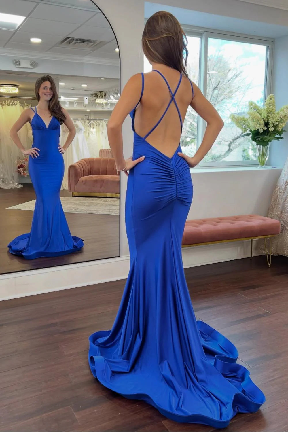 Charming Mermaid Spaghetti Straps Royal Blue Long Prom Dress With Backless AD592
