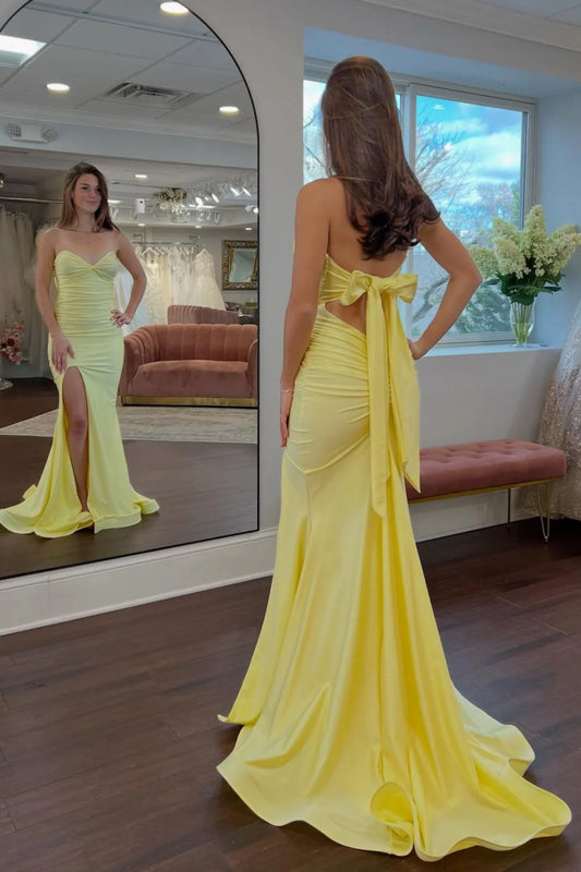 Classic Mermaid Sweetheart Yellow Long Prom Dress With Split Front Open Back AD593