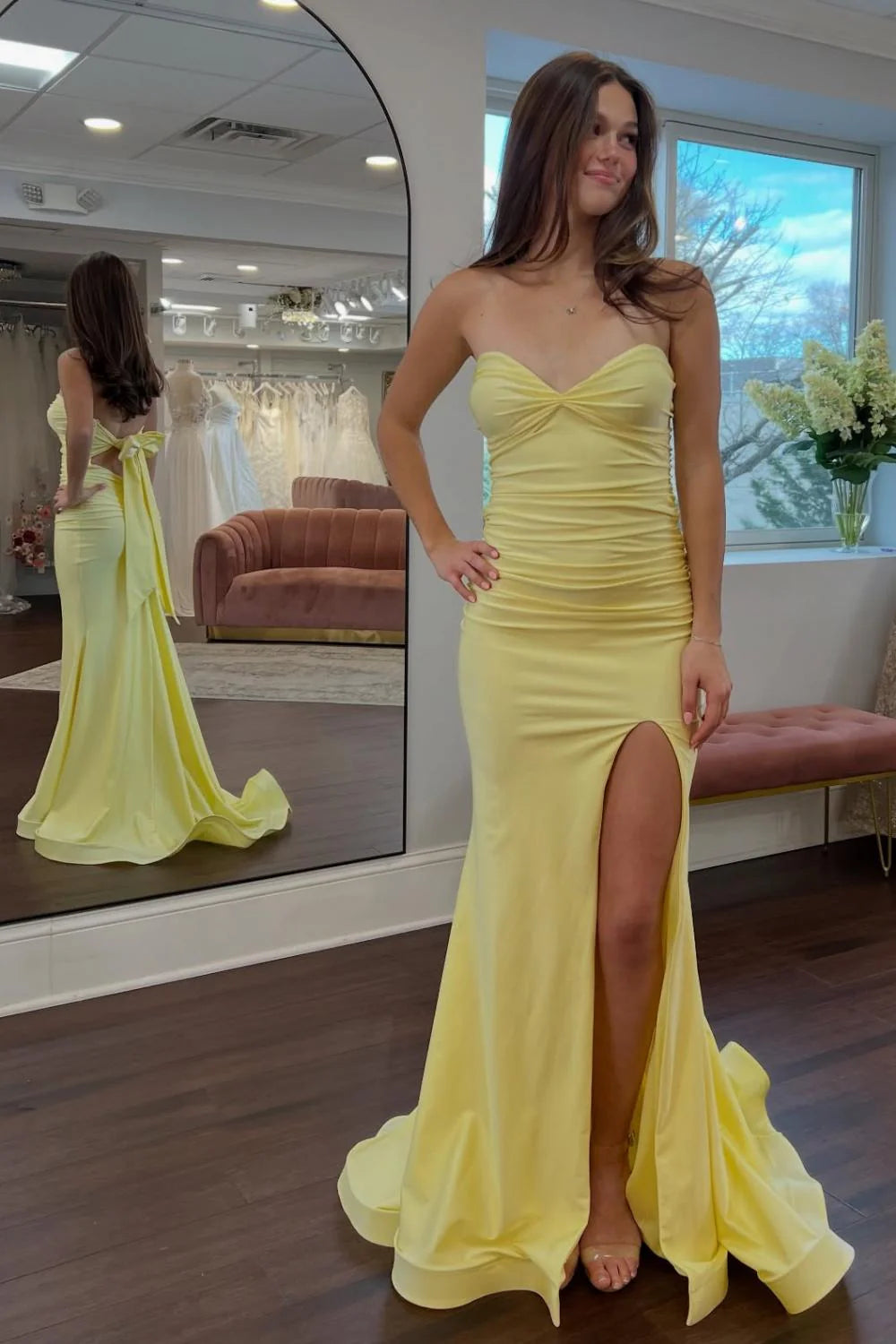 Classic Mermaid Sweetheart Yellow Long Prom Dress With Split Front Open Back AD593