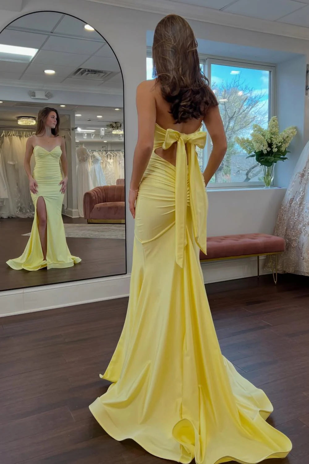 Classic Mermaid Sweetheart Yellow Long Prom Dress With Split Front Open Back AD593