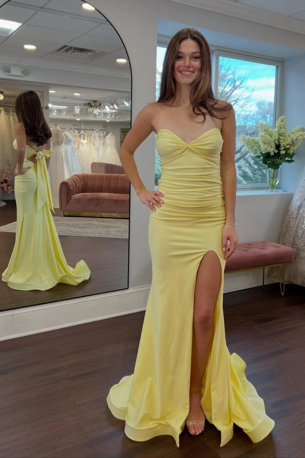 Classic Mermaid Sweetheart Yellow Long Prom Dress With Split Front Open Back AD593