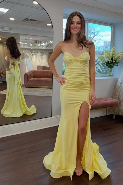 Classic Mermaid Sweetheart Yellow Long Prom Dress With Split Front Open Back AD593