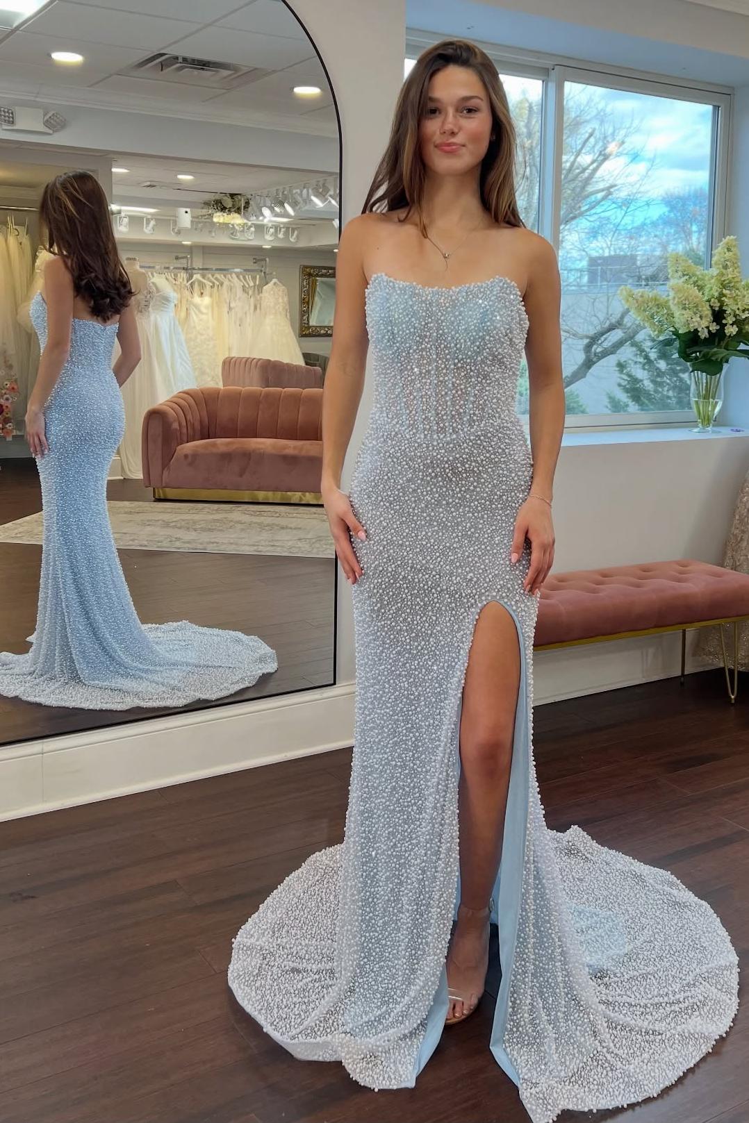 Luxurious Mermaid Strapless Light Blue Corset Prom Dress With Pearls Split Front AD594