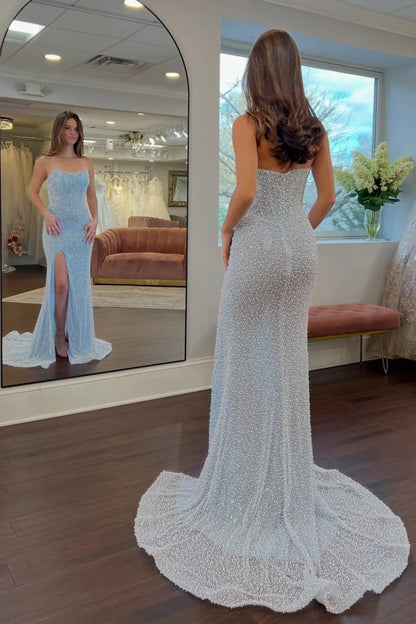 Luxurious Mermaid Strapless Light Blue Corset Prom Dress With Pearls Split Front AD594