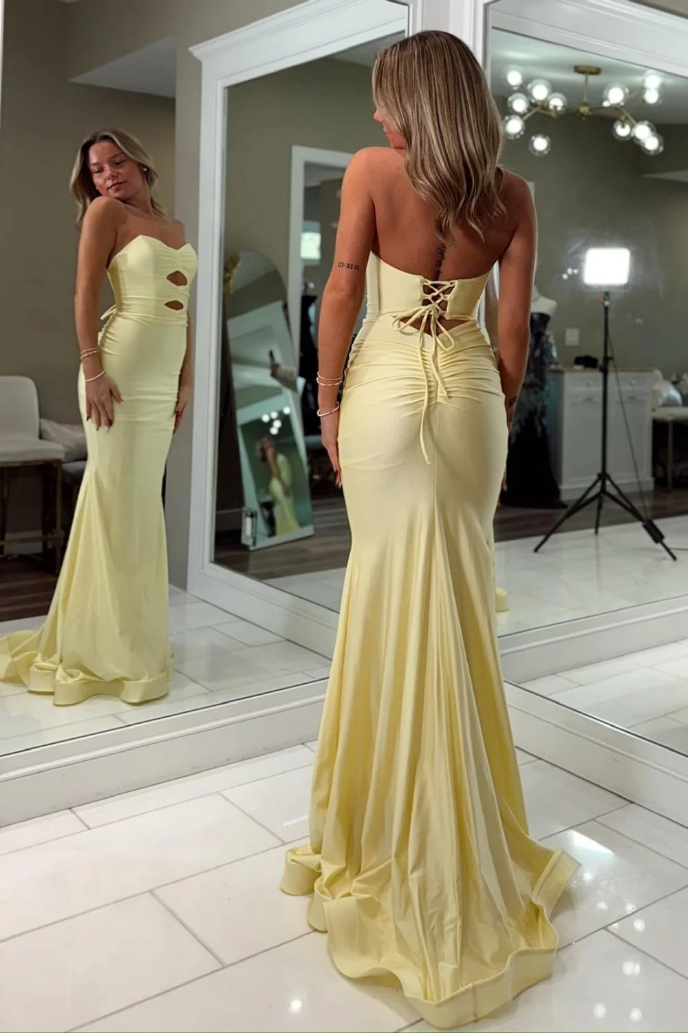 Fashionable Mermaid Sweetheart Yellow Long Prom Dress With Keyhole Criss Cross Back AD595
