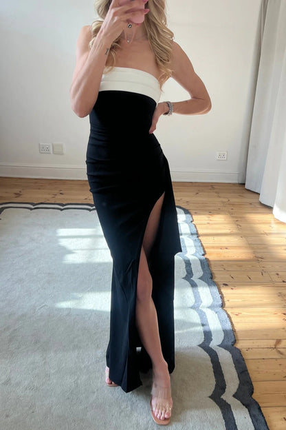Simple Sheath Strapless Black Long Prom Dress With Ruched Split Front AD596