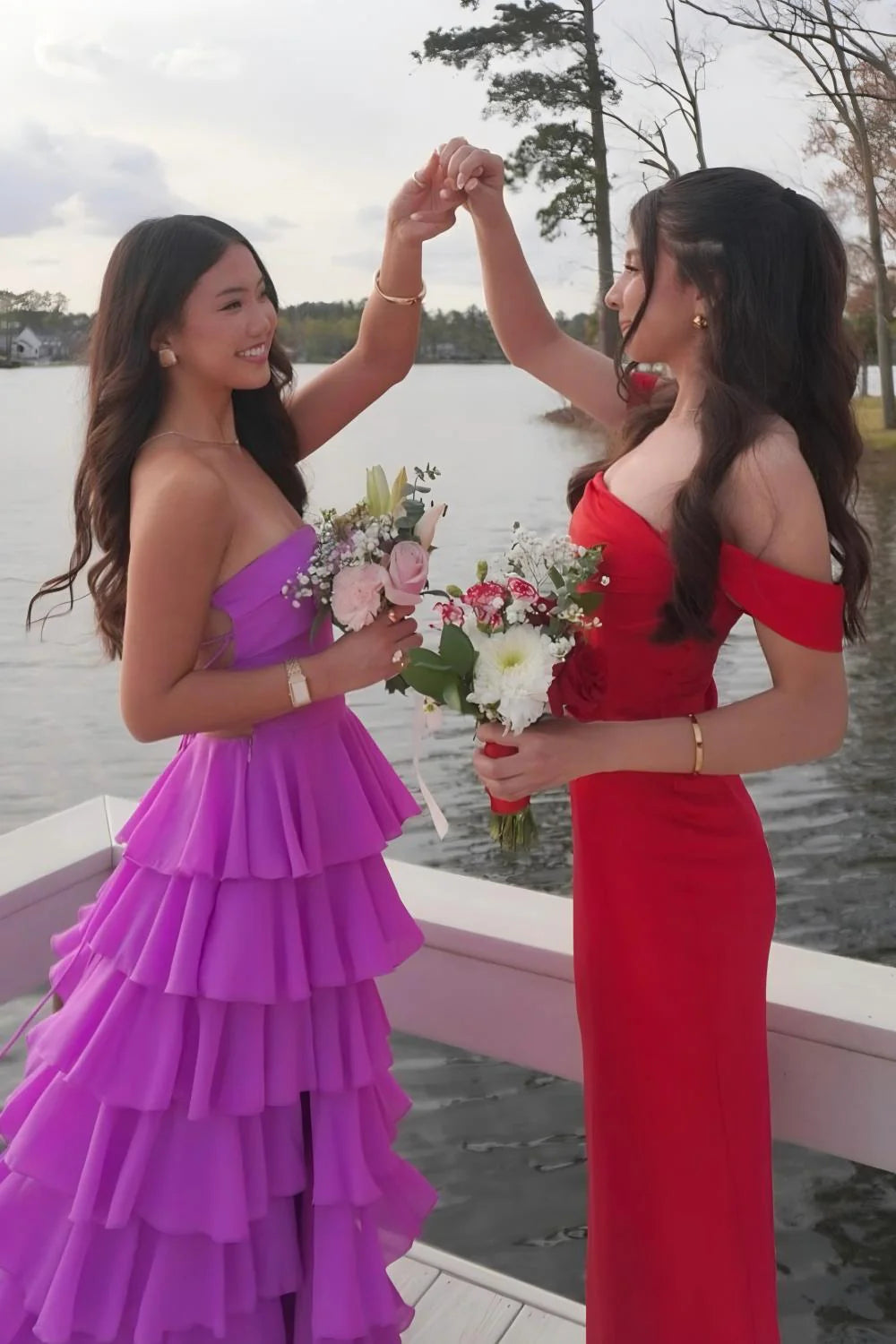 Stylish A Line Strapless Purple Long Prom Dress With Ruffles Split Front AD597
