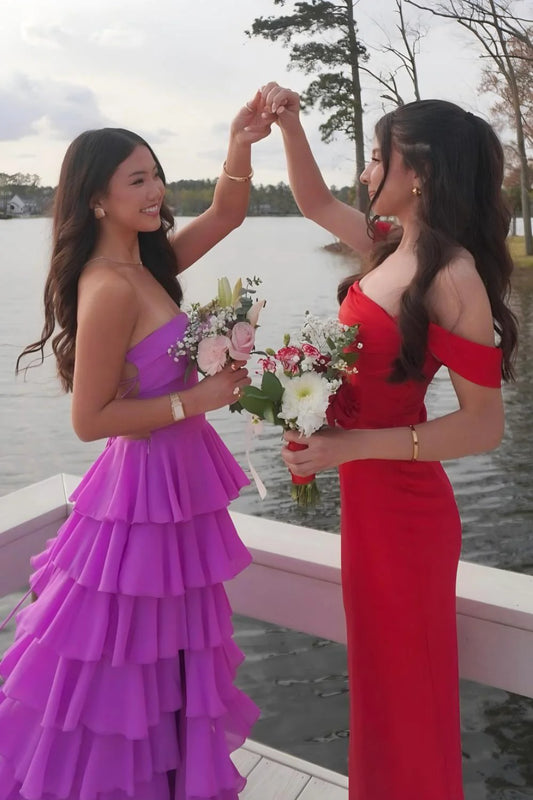 Stylish A Line Strapless Purple Long Prom Dress With Ruffles Split Front AD597