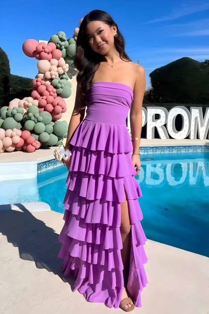 Stylish A Line Strapless Purple Long Prom Dress With Ruffles Split Front AD597