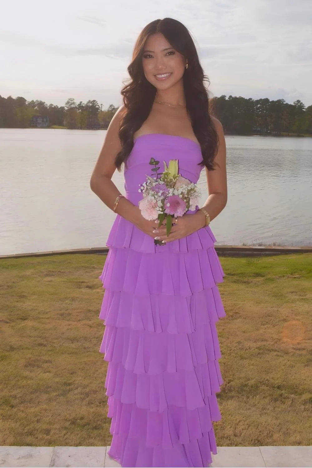 Stylish A Line Strapless Purple Long Prom Dress With Ruffles Split Front AD597