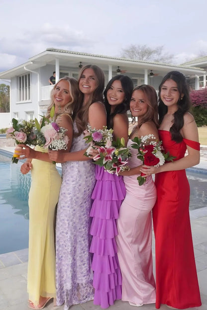 Stylish A Line Strapless Purple Long Prom Dress With Ruffles Split Front AD597